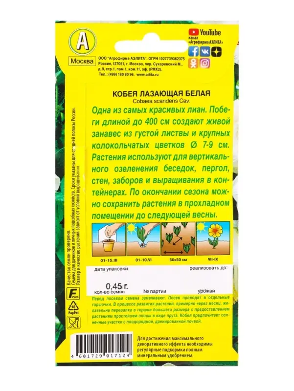 Семена цветов Кобея белая , Ц/П,0,45 г