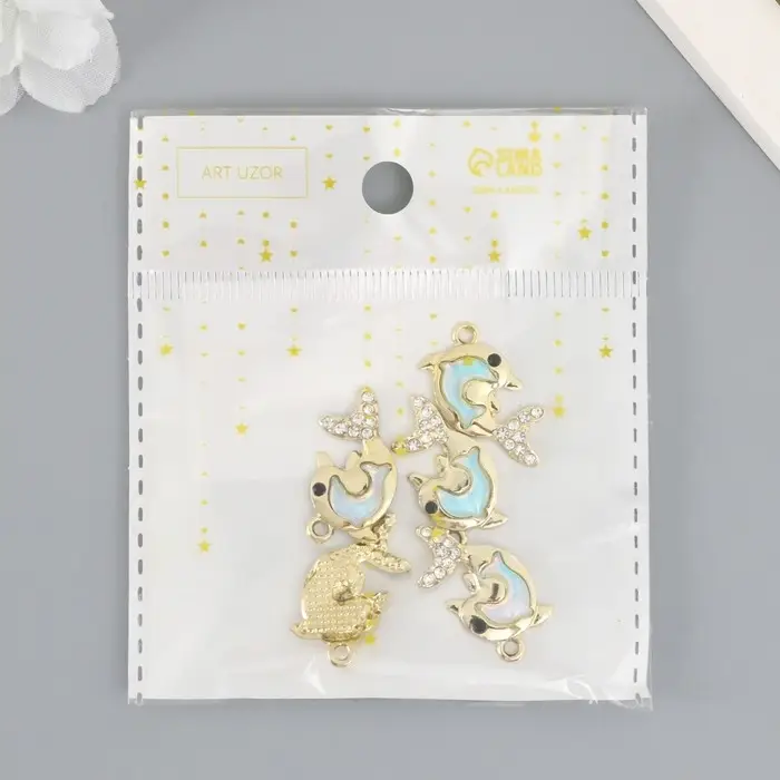 Декор для творчества металл, стразы "Двойной дельфин" голубой 2,2х2,1 см