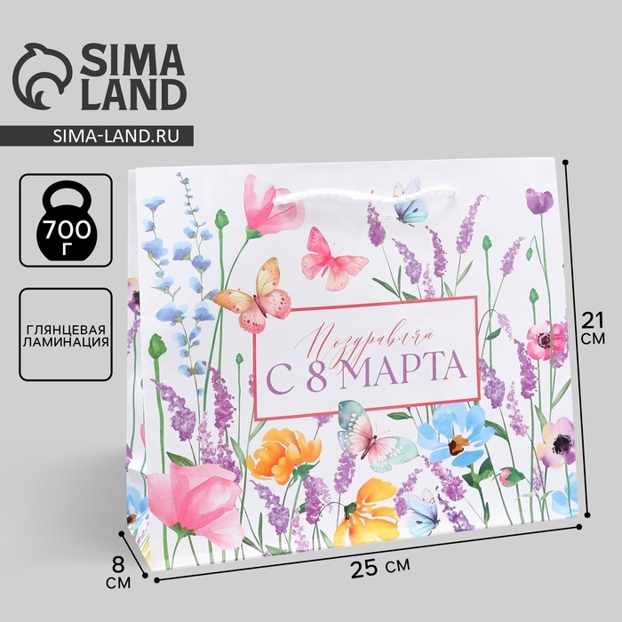 Пакет подарочный ламинированный, упаковка, &laquo;Поздравляю с 8 марта&raquo;, ML 25 х 21 х 8 см