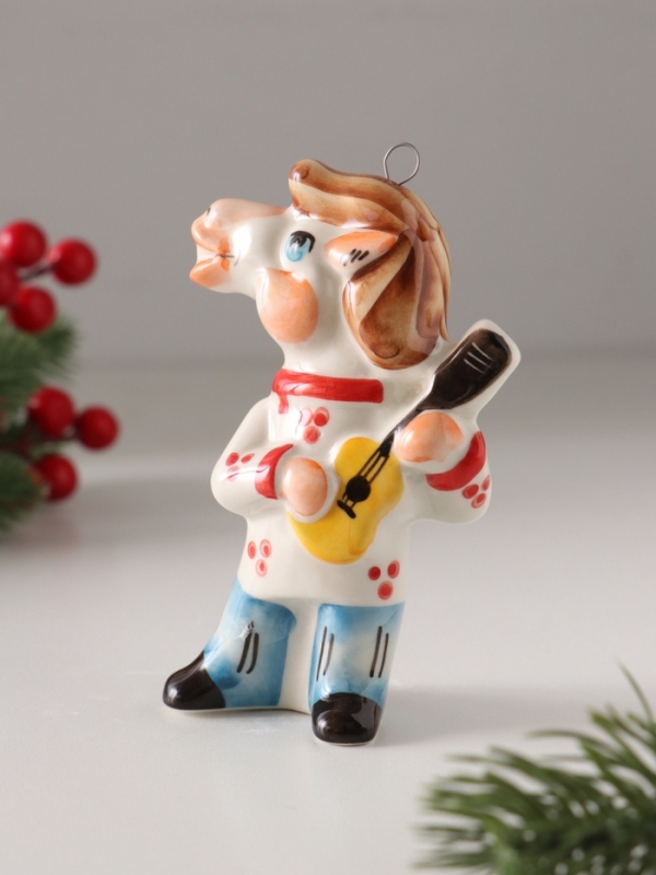 Ёлочная игрушка фарфоровая "Конь Цыган с гитарой",  11 см