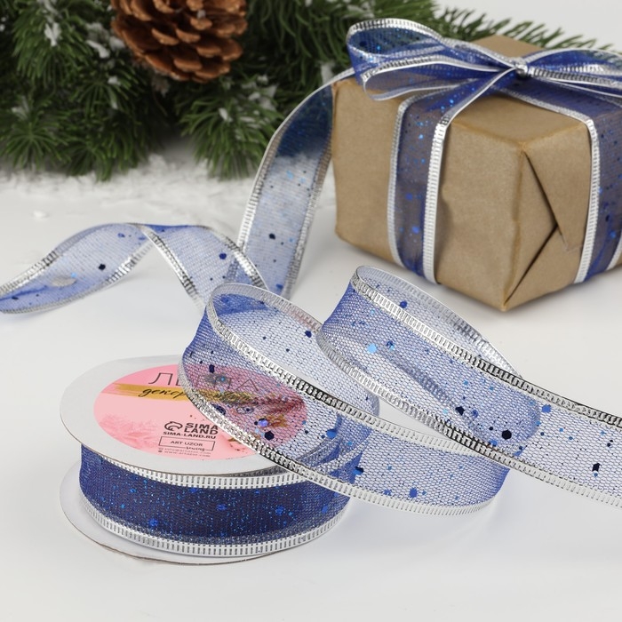 Новый год! Лента капроновая с металлической нитью &laquo;Блёстки&raquo;, 25 мм &times; 2,7 &plusmn; 0,5 м, цвет синий/серебряный