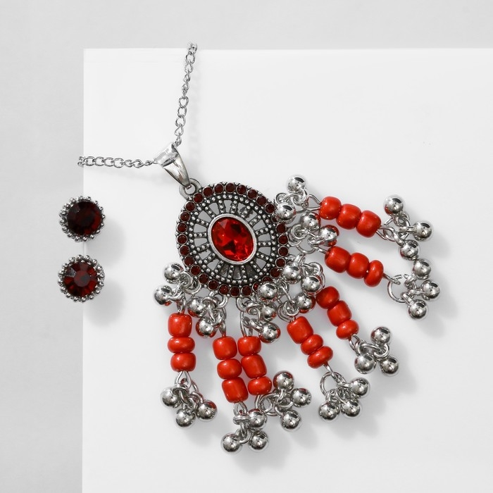 Гарнитур 2 предмета: серьги, кулон &laquo;Соло&raquo; овал, цвет красный в чернёном серебре, 48 см