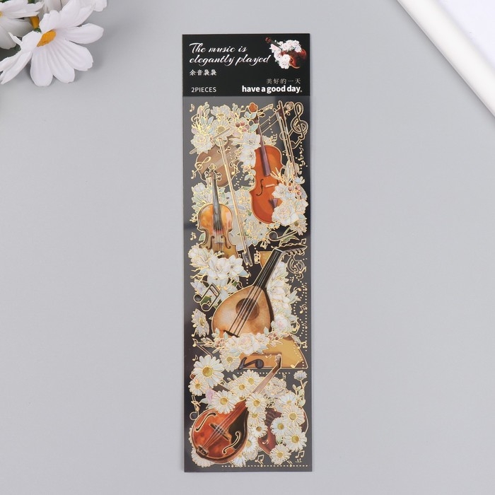 Наклейки для творчества "Струнные инструменты и белые цветы" набор 2 листа 17,5х6 см