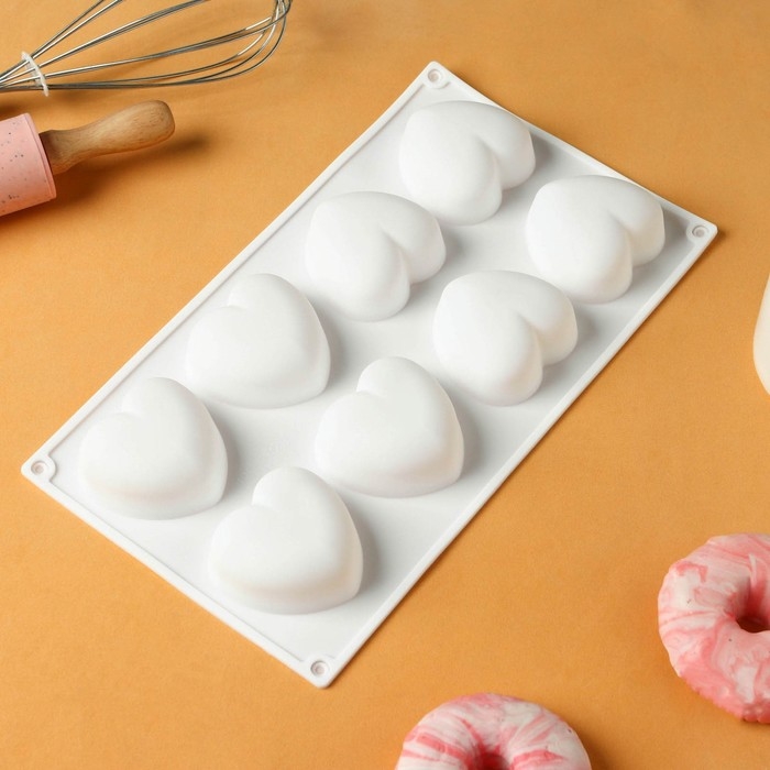 Форма для муссовых десертов и выпечки KONFINETTA &laquo;Сердца&raquo;, 30&times;17,5&times;3 см, 8 ячеек (6,2&times;6 см), цвет белый