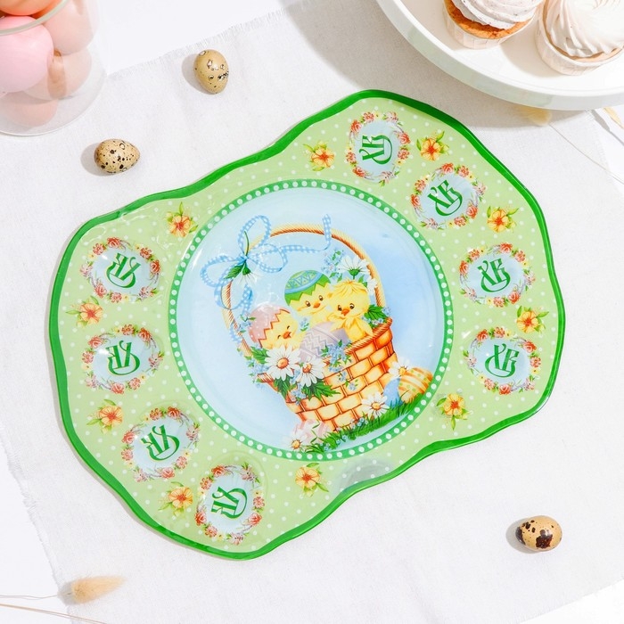 Подставка стеклянная для яиц 8 ячеек Доляна &laquo;Пасхальные цыплята&raquo;, 35&times;24,5 см