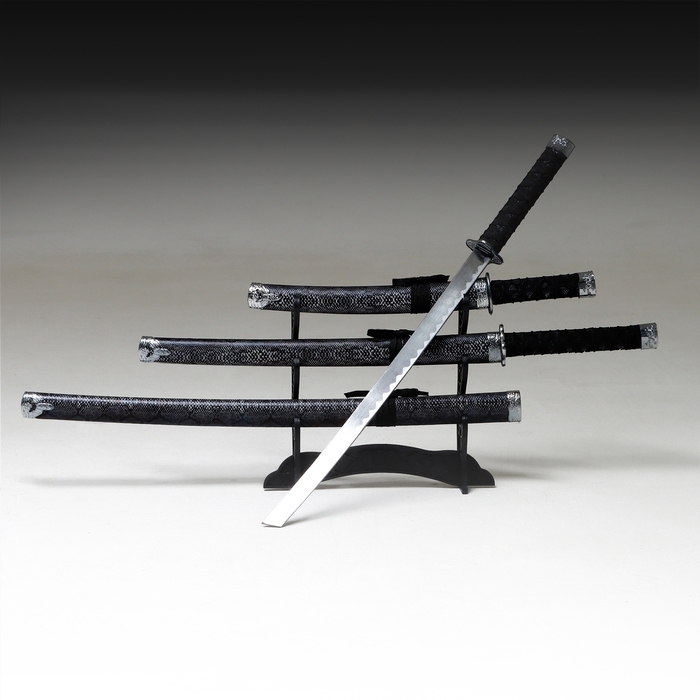 Сув. изделие катаны 3в1 на подставке, ножны кожзам, змея серая 47/70/89см, темная Сув. изделие катаны 3в1 на подставке, ножны кожзам, змея серая 47/70/89см, темная