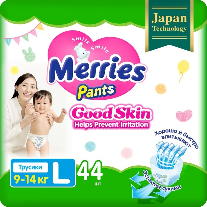 Подгузники-трусики Merries Good Skin, L 9-14 кг, 44 шт Подгузники-трусики Merries Good Skin, L 9-14 кг, 44 шт