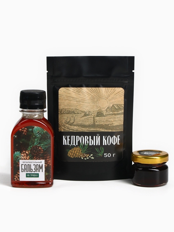 Набор &laquo;Сила Сибири&raquo;: кедровый орех в сосновом сиропе 25 г., бальзам 100 мл., кедрокофе 50 г.