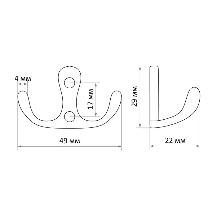 Крючок мебельный ТУНДРА TKd=005, двухрожковый, хром, 5 шт.