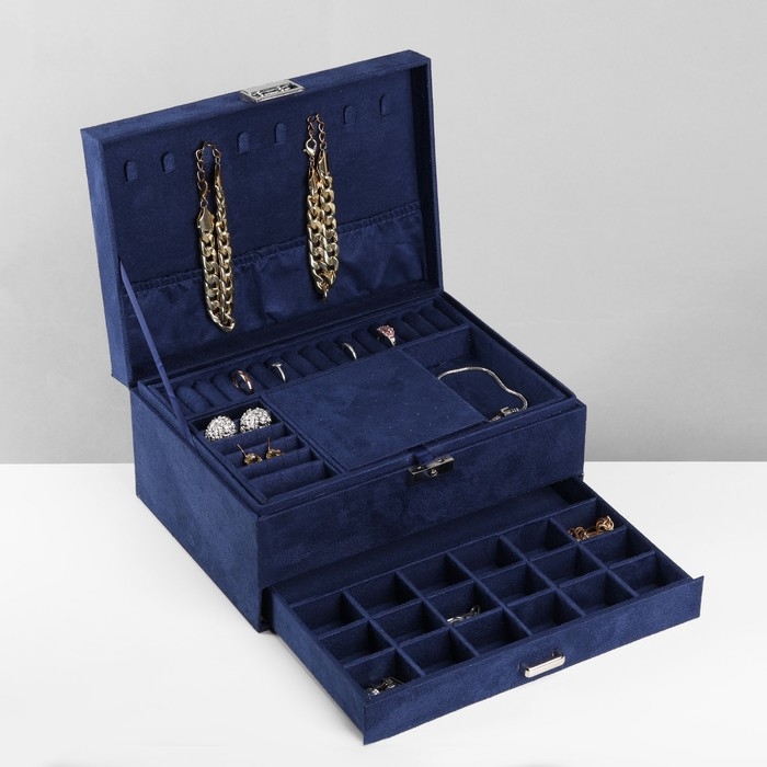 Подставка для украшений &laquo;Шкатулка&raquo; 2-х уровневая, флок, 24,5&times;17&times;12 см, цвет синий