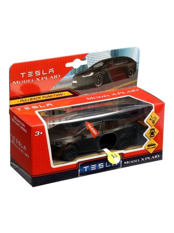 Машина металл. "Tesla Model X Plaid", 12 см, свет-звук, двери, инерц., черный мат. MODELX-12SLMAT-BK