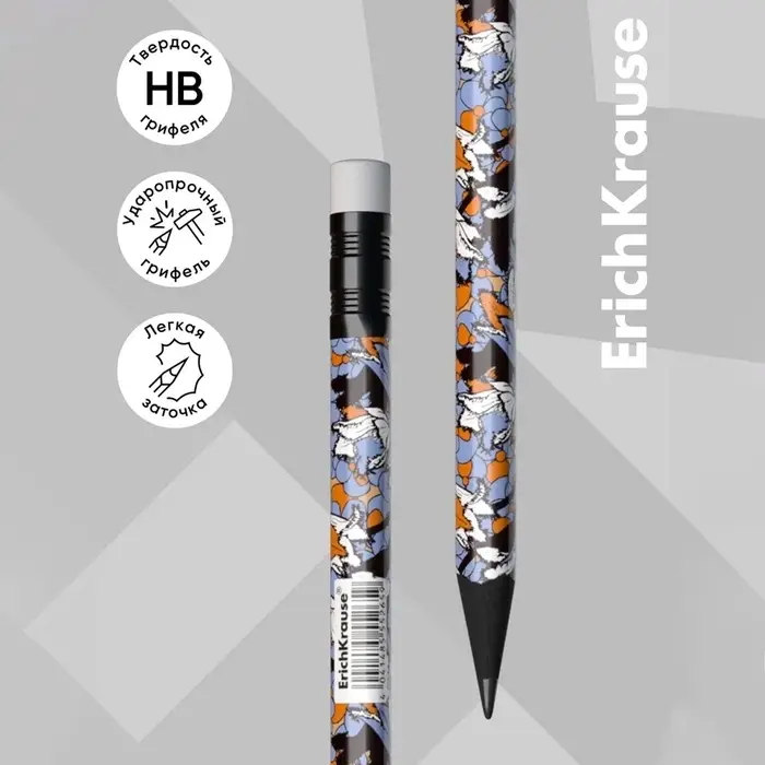 Карандаш чернографитный, ErichKrause &laquo;Tulips&raquo;, HB, грифель d=2.2 мм, с ластиком, дерево, трeхгранный с принтом, в тубусе, микс