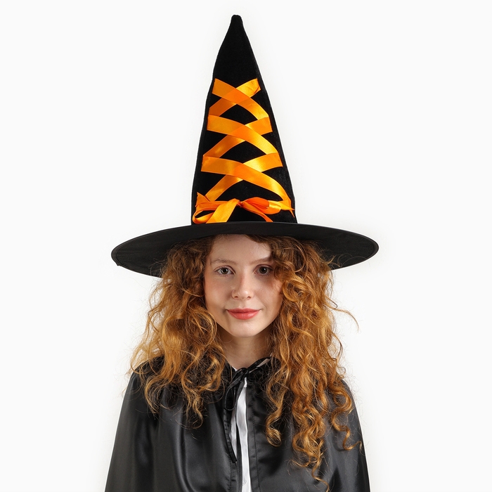 Шляпа-конус «Ведьмочка», с завязками, лента цвета МИКС Шляпа-конус «Ведьмочка», с завязками, лента цвета МИКС