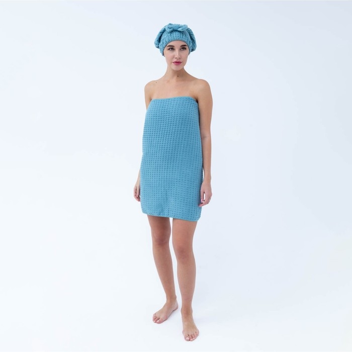 Набор для бани и ванной Этель &laquo;Вафля&raquo; полотенце 70*140 см+чалма 21*25 см, цв.синий