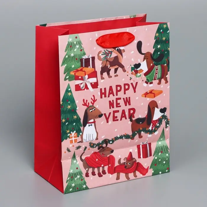 Пакет подарочный новогодний крафтовый вертикальный &laquo;Собачьи истории&raquo;, MS 18 х 23 х 10 см