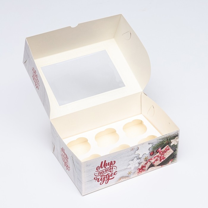 Новый год. Коробка для 6 капкейков с окном подарочная новогодняя упаковка, "Подарок для тебя", 25 х 17 х 10 см.