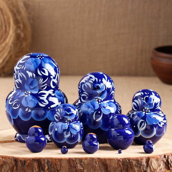 Матрёшка &laquo;Гжель&raquo;, синее платье, 10 кукольная, 13 см,ручная роспись