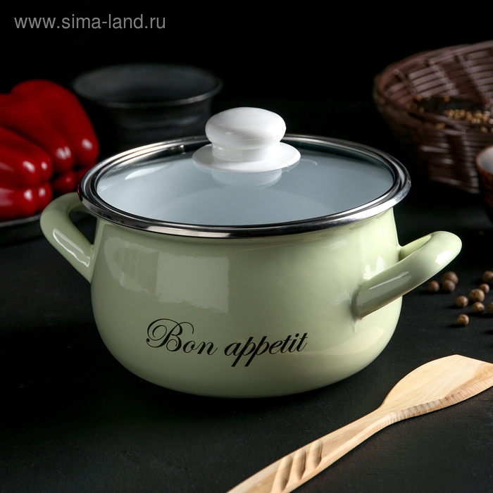 Кастрюля эмалированная &laquo;Лайм&raquo;, 2.1 л, стеклянная крышка, индукция, цвет светло-зелёный
