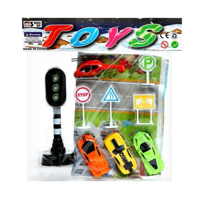 Игровой набор &laquo;Дорожные знаки&raquo;, в наборе игровое поле, знаки, 3 машинки, вертолет, цвет МИКС