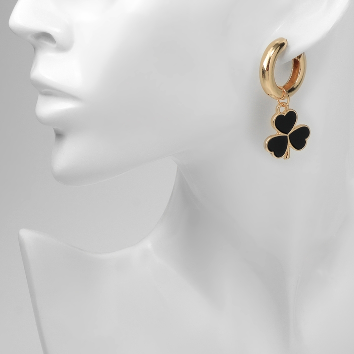 Серьги со съёмным элементом &laquo;Трансформер&raquo; клевер-сердце, цвет чёрный в золоте