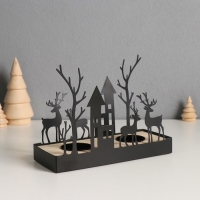 Подсвечник металл, дерево на 2 свечи "Олени и домики" d=4 см 7,5х18х14 см