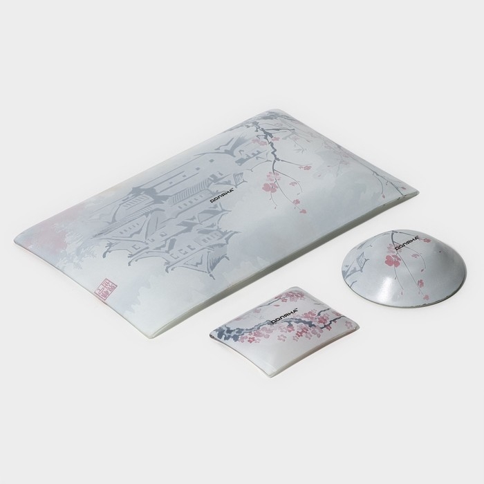 Набор для суши из стекла Доляна &laquo;Пагода&raquo;, 3 предмета: соусники 8&times;2 см, 8&times;6 см, подставка 25&times;15&times;2 см