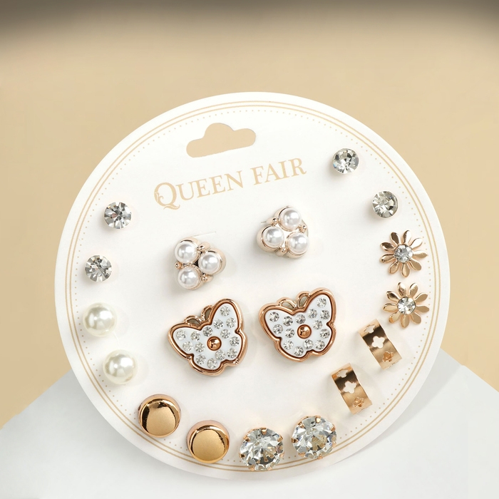 Пусеты 9 пар &laquo;Юность&raquo; бабочки и жемчужины, цвет белый в золоте