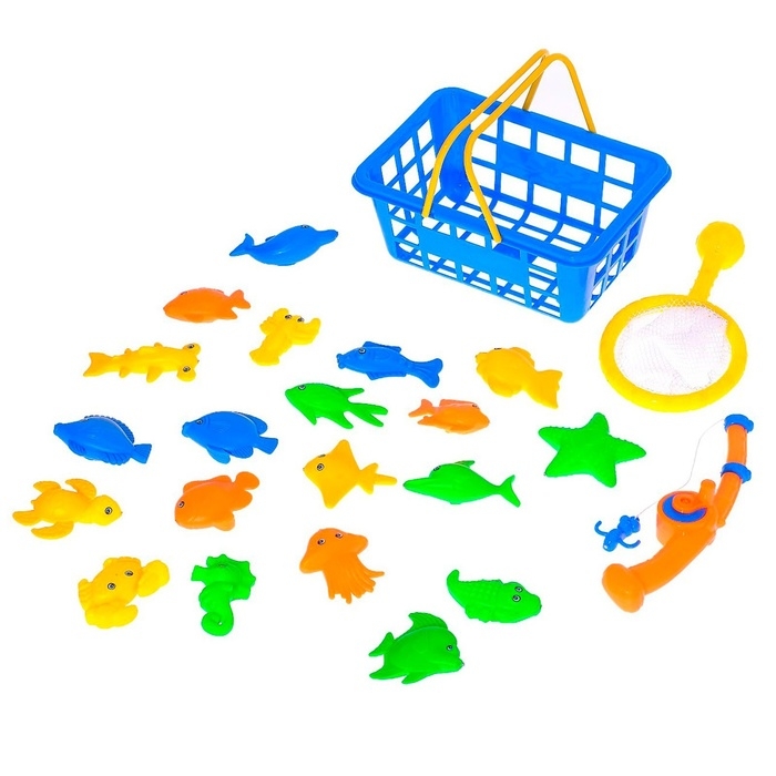 Рыбалка &laquo;Волна приключений&raquo; в корзине: 1 удочка, 1 сачок, 20 рыбок, МИКС