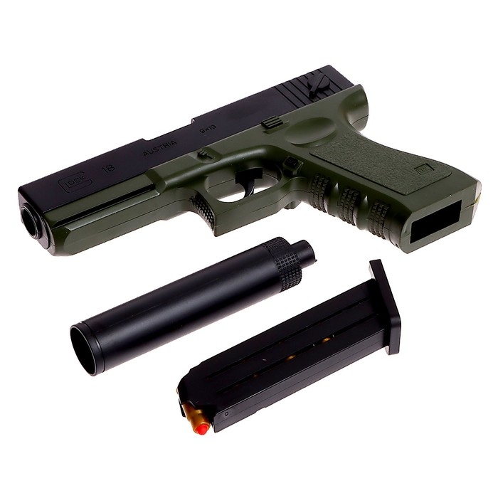 Пистолет «Глок», с гильзами, глушителем, стреляет мягкими пулями Пистолет «Глок», с гильзами, глушителем, стреляет мягкими пулями