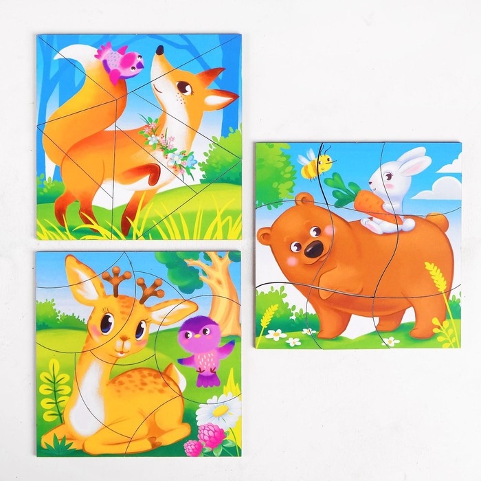 Пазл разрезной &laquo;Лесные животные&raquo;, 3 картинки в раме