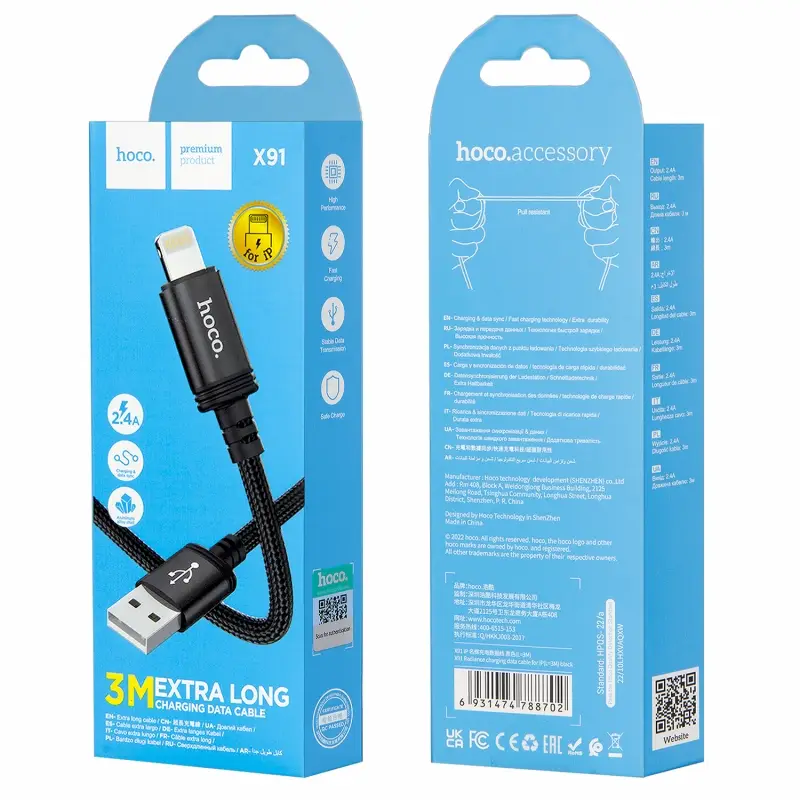 Кабель X91 USB на Lightning 3M 2.4A HOCO черный