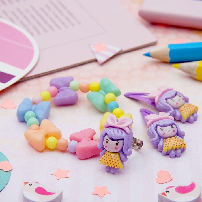 Набор детский &laquo;Выбражулька&raquo; 4 предмета: 2 заколки, браслет, кольцо &laquo;Бантики&raquo;, цвет МИКС, форма МИКС