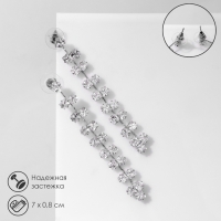 Серьги висячие со стразами &laquo;Гроздь&raquo; ромбы дуэт, цвет белый в серебре, 7 см