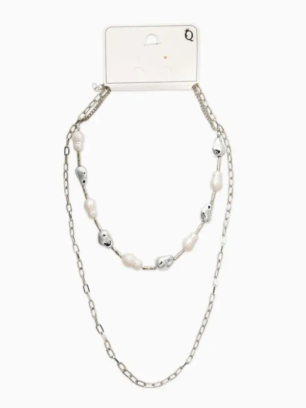 Колье "Жемчуг" борокко, цепь, удлиненное, 2 яруса, цвет белый в серебре