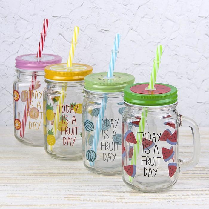 Банка стеклянная с крышкой и трубочкой Доляна &laquo;Счастливый день&raquo;, 450 мл, 10,5&times;7,5&times;13 см, цвет МИКС