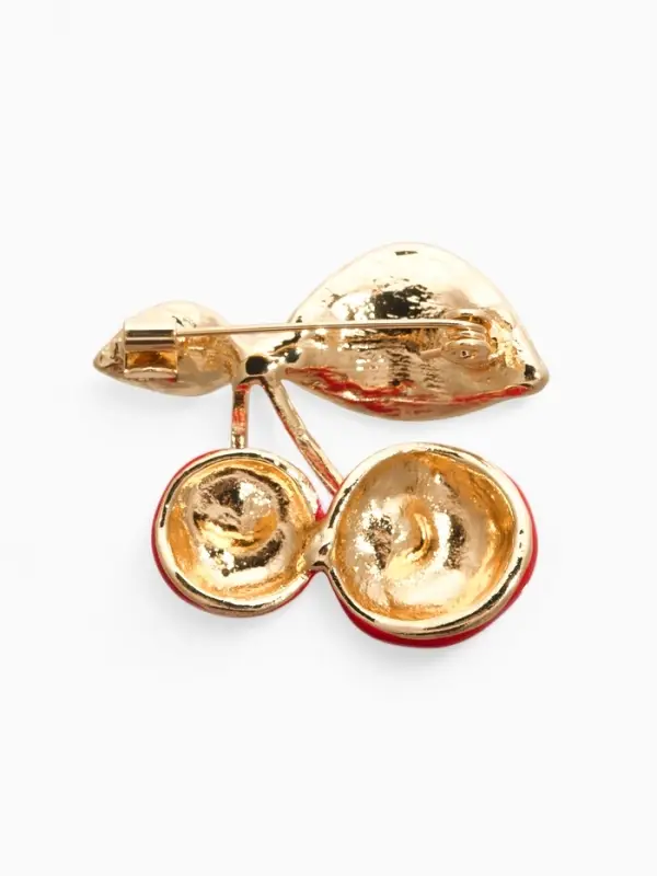 Брошь "Вишня с листочками", цвет красный в золоте