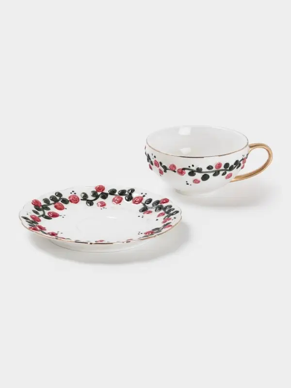 Чайная пара &laquo;Красный бутон&raquo;, 2 предмета: чашка 180 мл, блюдце d=15 см, керамика, белая