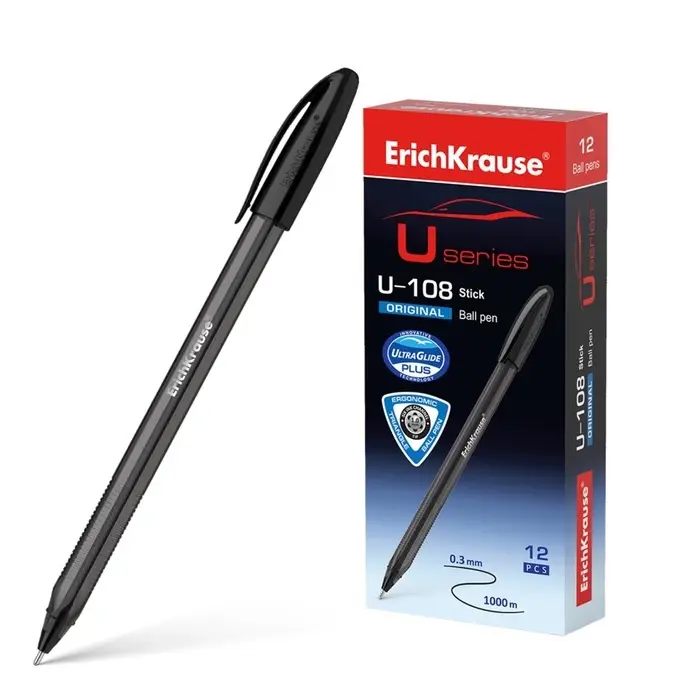 Ручка шариковая ErichKrause U-108 Original Stick, узел 1.0 мм, чернила чёрные, супермягкое письмо, длина линии письма 1000 метров