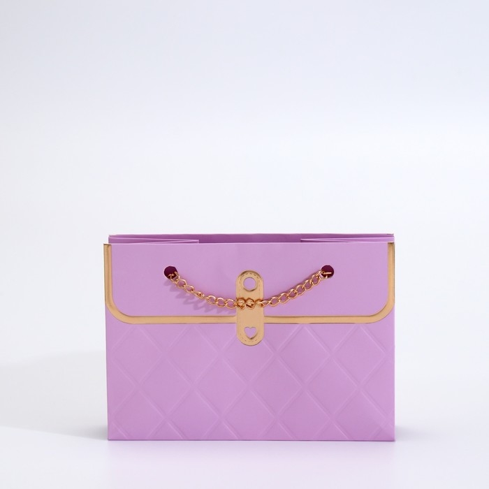 Пакет для цветов, ручка цепь, Пакет для цветов, ручка цепь, "Сиреневый", с золотым тиснением, 15 х 10,5 х 10 см