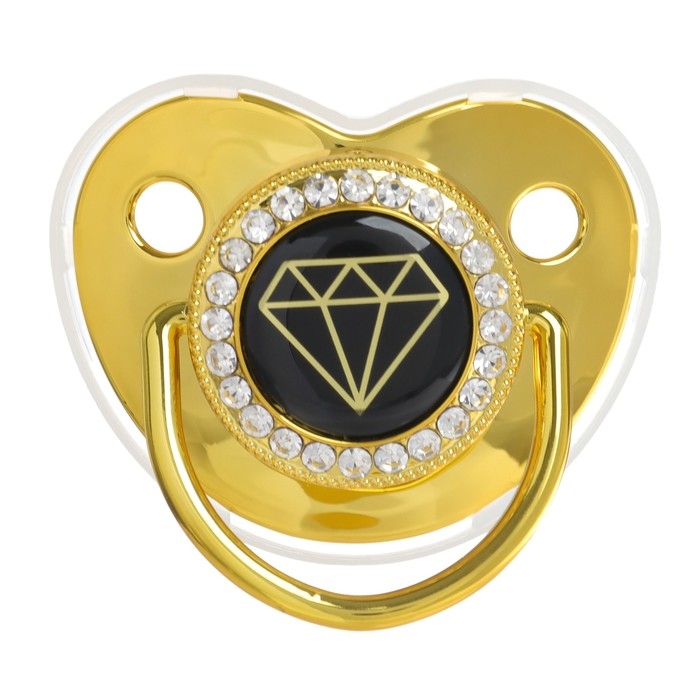 Соска - пустышка силиконовая ортодонтическая &laquo;Бриллиант&raquo;, от 6 мес., с колпачком + держатель - цепочка, цвет золотой/черный, стразы
