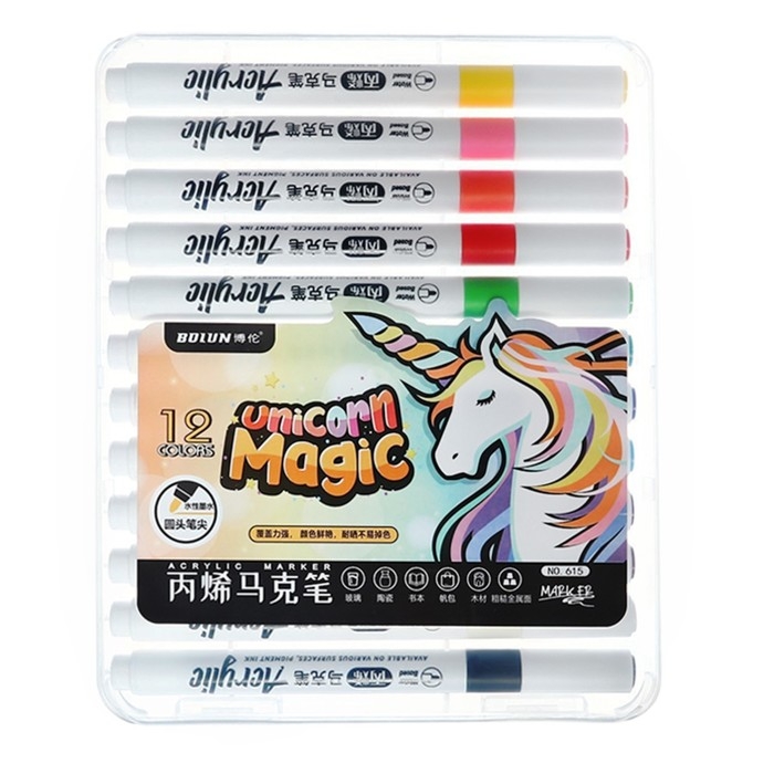 Набор маркеров акриловых 12 цветов, круглый наконечник, для любой поверхности Набор маркеров акриловых 12 цветов, круглый наконечник, для любой поверхности