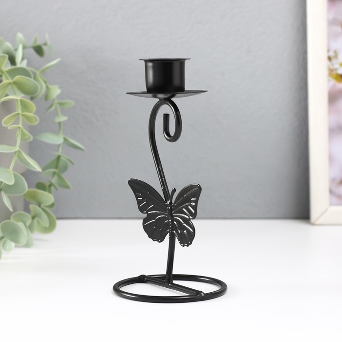 Подсвечник металл на 1 свечу "Бабочка с завитком" d=2 см чёрный 7х7х14 см