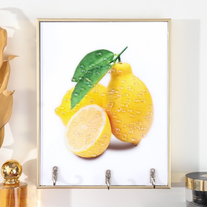 Ключница пластик, МДФ 3 крючка Ключница пластик, МДФ 3 крючка "Лимонная свежесть" стразы, золото 18,5х1,8х23,5 см