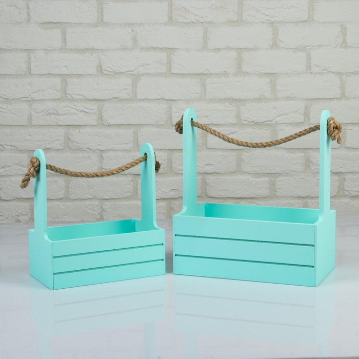 Набор кашпо деревянных 2 в 1 (25&times;15&times;30; 21&times;12&times;23 см) "Dear", ручка канат, мята