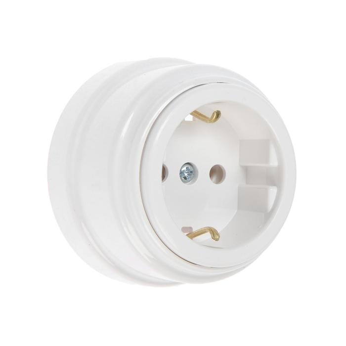 Розетка BYLECTRICA Ретро РА16-0202, 16А, одномест., наруж., с з/к, без крышки, IP20, белая