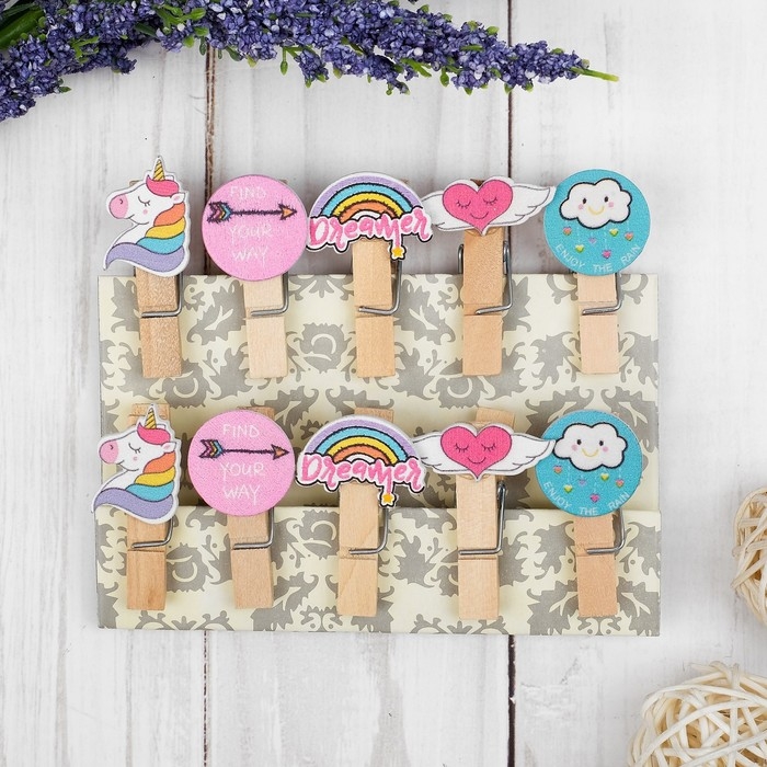 Прищепки декоративные с веревкой для подвеса «Вдохновение» набор 10 шт. Прищепки декоративные с веревкой для подвеса «Вдохновение» набор 10 шт.