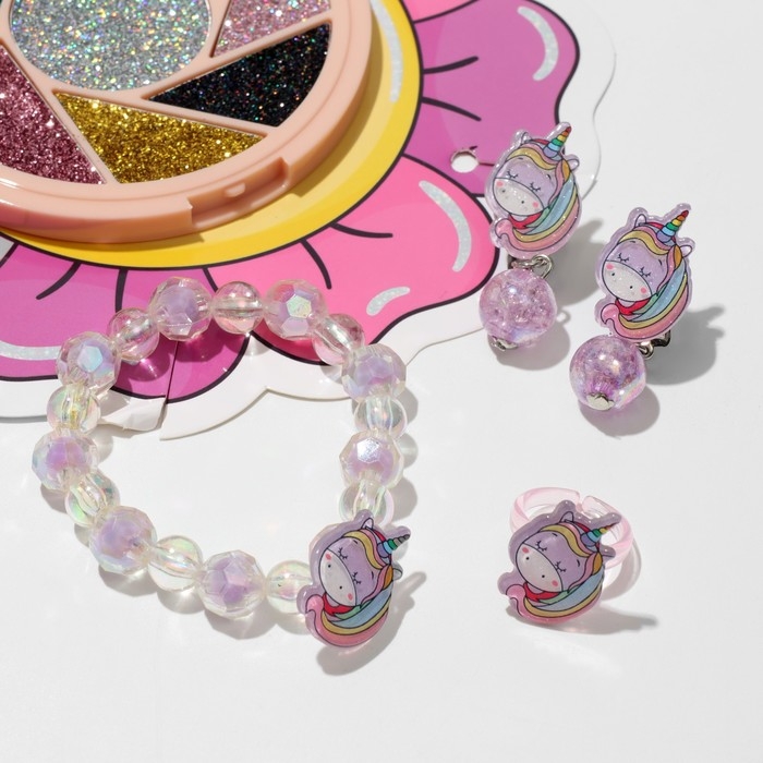 Набор детский 4 предмета: клипсы, кольцо, браслет, глиттер &laquo;Единорожек&raquo;, цветной