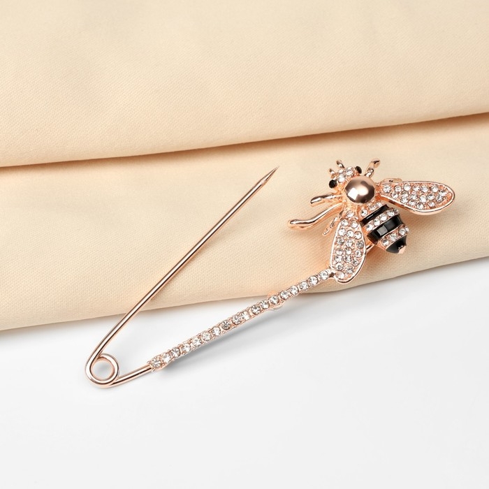 Булавка &laquo;Пчела&raquo; со стразами, 7,5 см, цвет чёрно-белый в розовом золоте