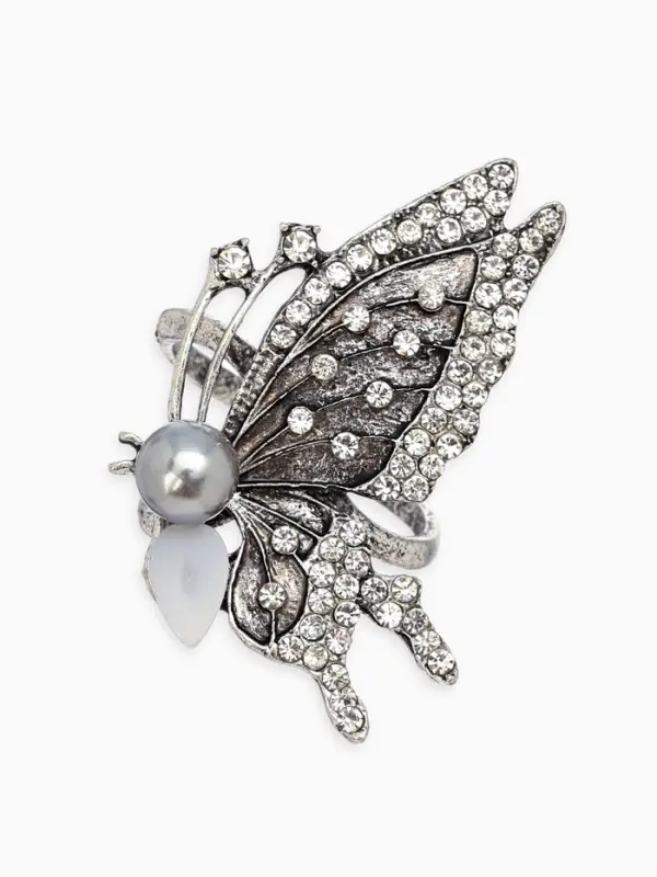 Кольцо для платка "Бабочка профиль", цвет белый в чернёном серебре