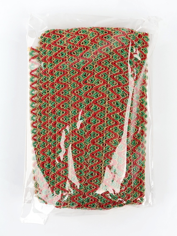 Тесьма Зигзаг зелено-красно-золотая 3.5 см намотка 25 метров